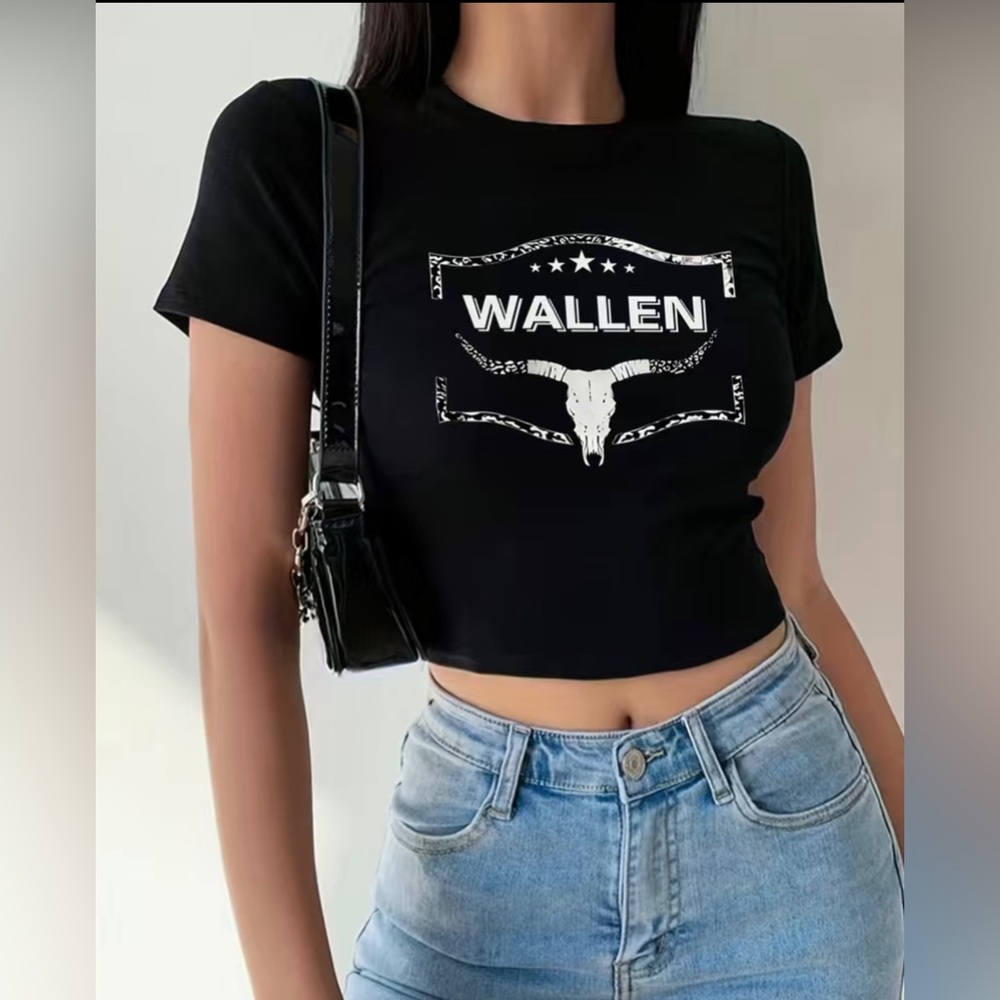 New! Wallen Bull Skull Print Crop‎ Top Short Sleeve